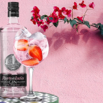 Los 10 Mejores Rones del Mundo 4 Destilados Superiores Copa de gin tonic rosa con fresas y pomelo junto a botella de ginebra premium